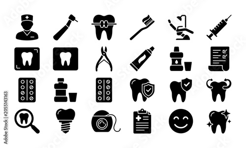Dental Care Icons Set, Oral Hygiene Vector Graphics, Tooth Health Symbols, Medical Clinic Illustrations