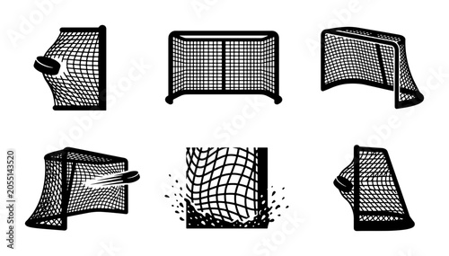 Hockey Goal Nets, Puck Shots, Sports Equipment Icons, Ice Hockey Game Elements