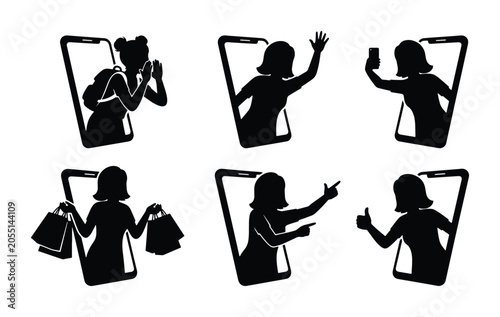 Mobile Shopping Silhouettes: Woman with Bags, Selfie, Waving, Thumbs Up, Pointing