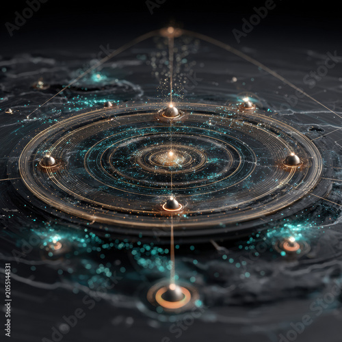 Futuristic data visualization glowing network abstract technology digital interface circular pattern dark background advanced idea surveillance visualization luminous particles
