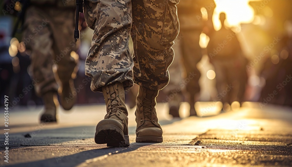 Obraz premium Soldiers Marching in Formation During Golden Hour Sunlight.