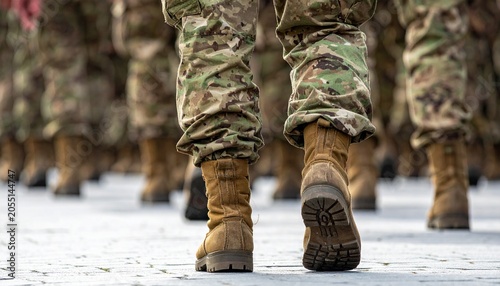 Soldiers in Camouflage Uniforms Marching in Formation.