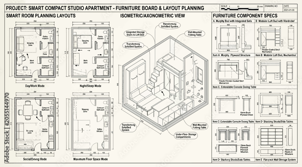Fototapeta premium Furniture board and layout planning for a smart compact studio apartment with isometric views and component specifications