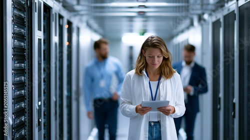 Anonymous female IT manager briefing a technician team walking between server racks in a modern data center corridor  cloud computing management concept  faceless  defocused  with