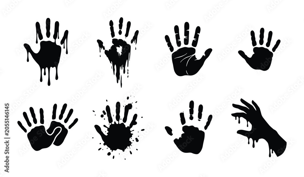Fototapeta premium Handprint Vector Icons, Black Ink Splatter and Drips, Horror and Scary Graphics