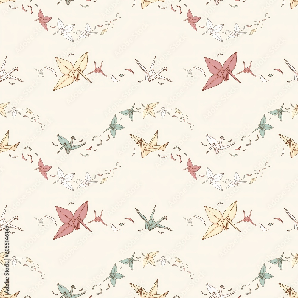 Obraz premium Seamless pattern featuring colorful origami paper cranes and small scattered petals arranged in a soft wavy layout on a light cream background