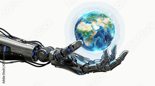 Cyborg robotic hand supporting glowing planet earth in palm