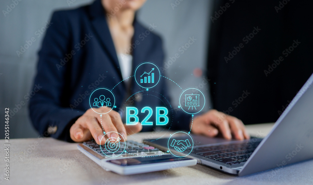 Fototapeta premium Businesswoman working on laptop with B2B marketing strategy, corporate partnership and financial icon concept