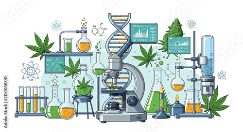 Scientific research laboratory studying cannabis plants and extracts
