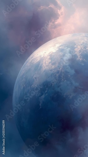 Stunning digital illustration of a mysterious planet floating in a dreamy cosmic sky, surrounded by ethereal clouds and soft pastel colors. Perfect for sci fi and fantasy backgrounds