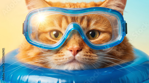 Close-up of orange tabby cat wearing blue swimming goggles and inflatable ring.