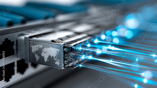 Fiber optic transceiver module with world map engraving and glowing light strands, global data center networking and connectivity concept, defocused, with copy space