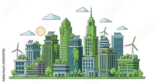 Sustainable green city with wind turbines and solar panels