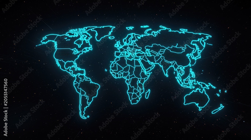 Naklejka premium Neon glowing digital world map outline on dark starry background