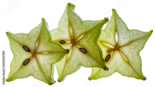 Tableau sur toile Isolated translucent carambola slices, star fruit showcasing seeds and vibrant g