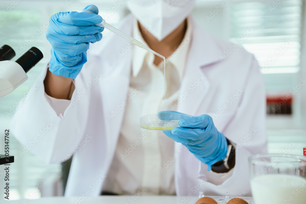 Fototapeta premium Scientist conducting food safety analysis on egg samples in a laboratory, using microbiological testing and quality control procedures to ensure food quality and consumer protection.