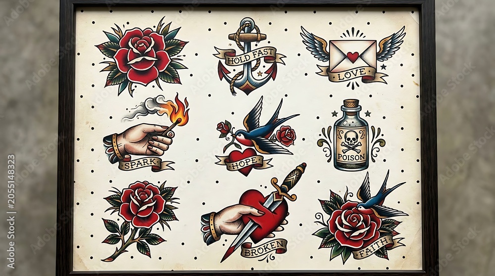 Fototapeta premium Vintage tattoo flash art collection featuring roses anchors swallows and hearts in classic style illustration