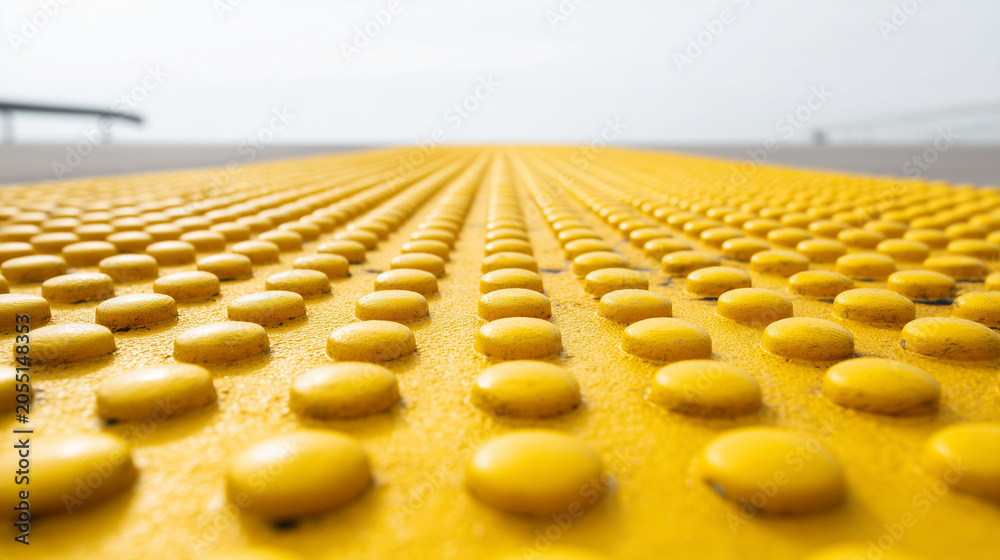 Fototapeta premium Extreme close up of yellow tactile paving with raised domes, representing accessibility standards, safe navigation, urban infrastructure and support for visually impaired pedestrians.