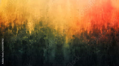 Abstract grunge background with vertical brush strokes in yellow, orange, and dark green colors