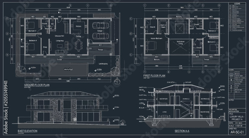 Valokuva Architectural blueprints of a modern twostory villa, including floor plans, sect