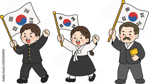 Cute chibi korean characters wearing vintage clothes waving taegeukgi flags for Gwangbokjeol liberation day illustration