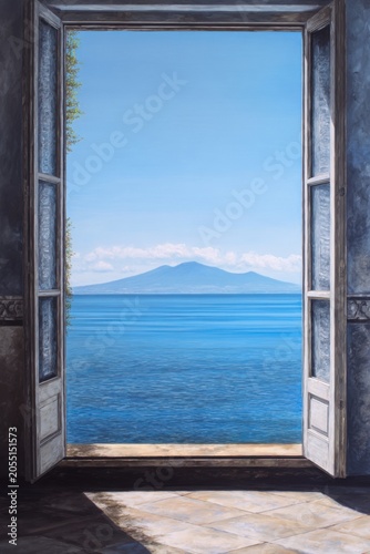 Looking out from an open window, you can see a breathtaking view of the clear blue sea, distant mountains, and a bright blue sky in the beautiful coastal area on a sunny day