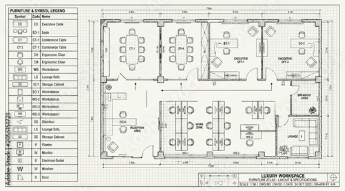 Photos Architectural floor plan of a modern office workspace with furniture layout and