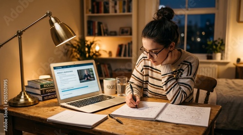 Female Student Doing Homework on Laptop at Home Under Table Lamp in Evening
