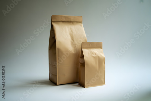 Brown kraft paper pouch packaging mockup with different sizes on background