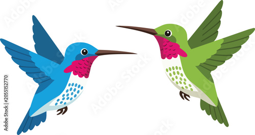 Cute colorful hummingbird flying near a flower vector illustration