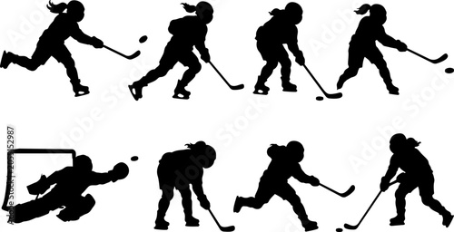Canvas Print Set of silhouettes of a girl playing ice hockey