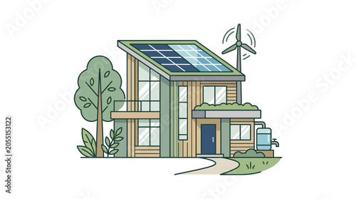 Modern ecofriendly house with solar panels and wind turbine 1.