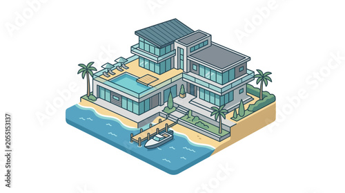 Modern Luxury Beachfront Villa with Swimming Pool and Boat Dock.