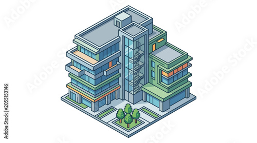 Modern Isometric Office Building With Trees.