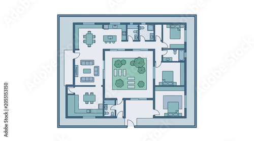 Modern House Floor Plan with Central Courtyard Design.