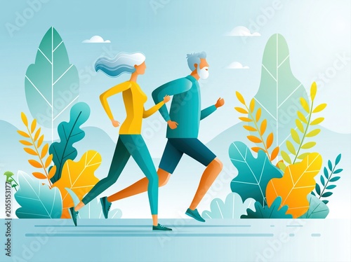 Senior couple jogging in a park during a sunny day with green trees and colorful plants around them