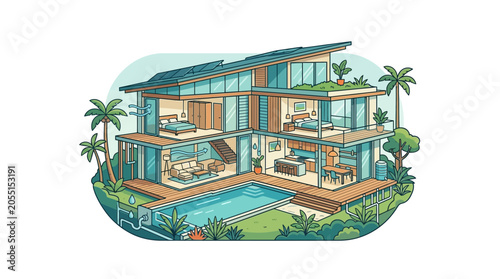 Modern Luxury Tropical Villa With Swimming Pool and Lush Greenery.