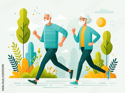 Two older men jogging in a park during a sunny day with green trees and colorful plants around them