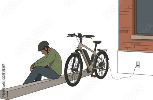 Photography A dejected courier sits beside an e-bike, charging, conveying feelings of inactivity and potential burnout