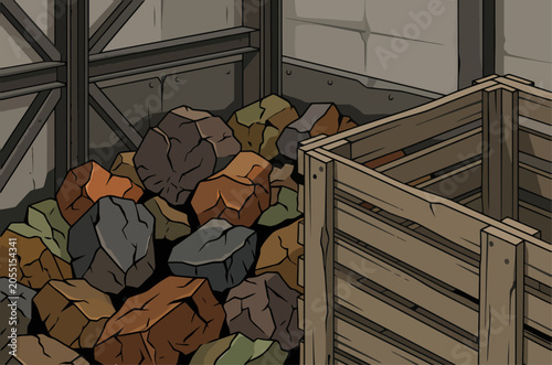Quadro su tela Raw mineral rocks fill a wooden crate within a gritty industrial setting