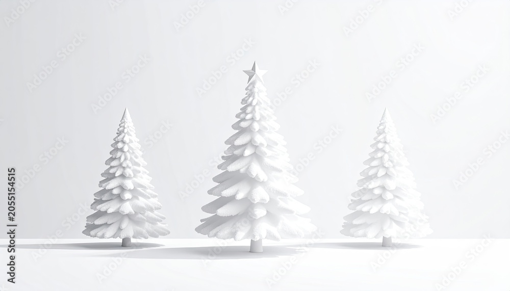 Fototapeta premium Three white stylized Christmas trees against a bright white background in a minimalist scene