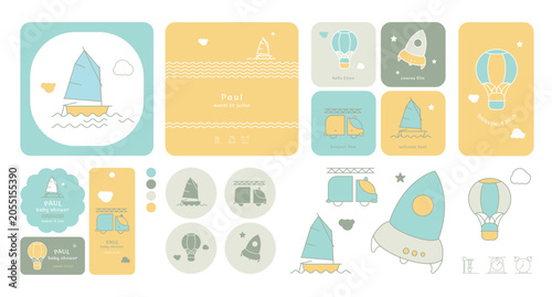 Illustration vectorielle enfantine composée de 4 designs adorables pour faire-part de naissance, invitation baby shower, étiquettes, stickers et tampons. Ensemble doux, moderne et prêt à imprimer.