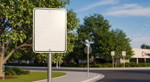 Blank white rectangular signpost on city street corner with green tree