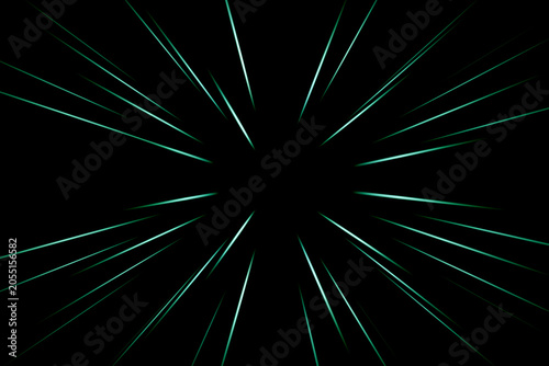 Abstract radial zoom blur background with teal, turquoise and cyan light streaks on black. Dynamic speed lines creating futuristic motion, energy burst and technology concept.