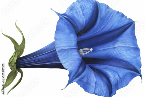 Blue trumpet flower isolated on white background with green stem