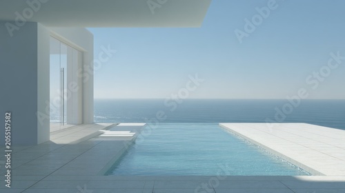Minimalist modern architecture features an infinity pool overlooking a vast calm ocean horizon