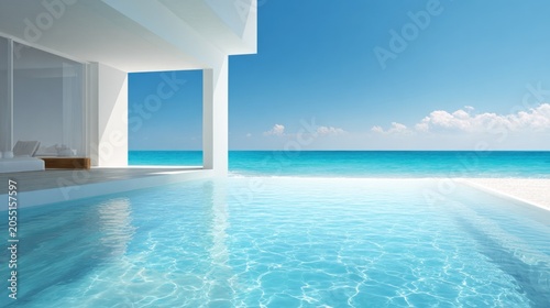 Modern architecture features an infinity pool overlooking turquoise ocean waters under a bright blue sky