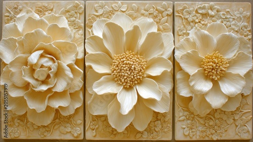Three panels display intricate bas-relief carvings depicting creamy, voluminous flowers against detailed botanical backgrounds.
