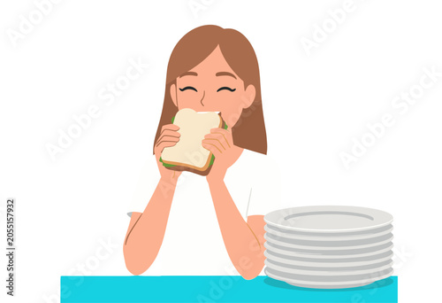 Woman Eating Sandwich with Joy, Isolated Vector Illustration on Transparent Background for Food and Meal Concept