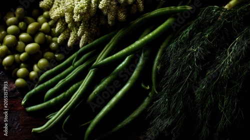 Assortment of fresh green produce featuring legumes and leafy herbs displayed under dramatic low light